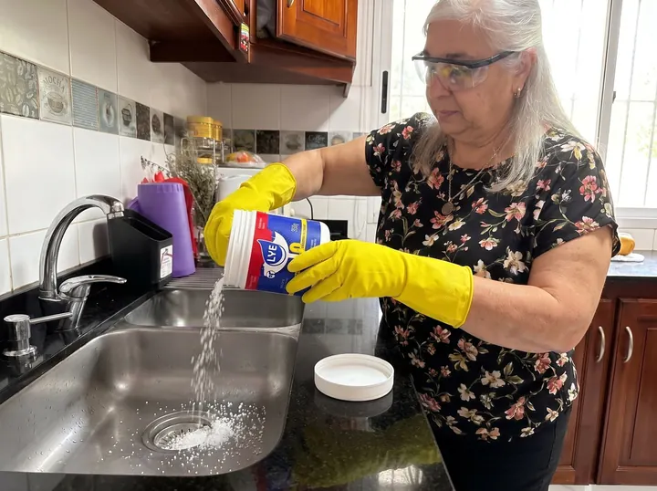 Persona con guantes echando el granulado seco directo en el desagüe de la pileta